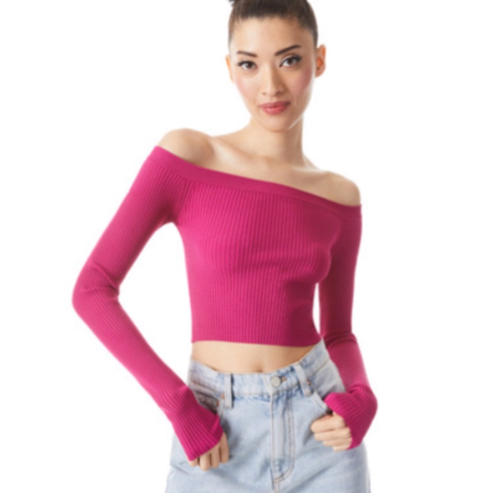 Alice + Olivia JEANNE OFF SHOULDER RIB PULLOVER